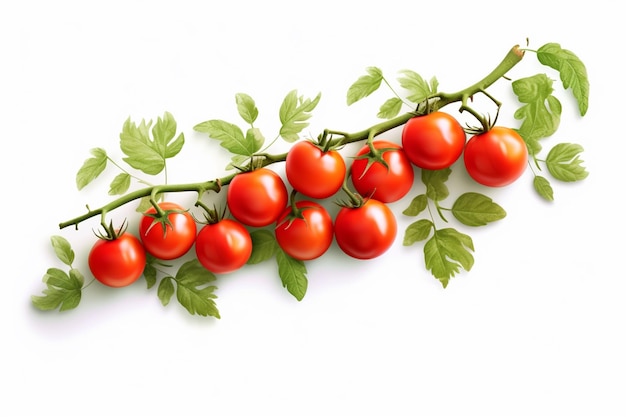 흰색 배경 생성 ai에 잎이 있는 가지에 토마토가 많이 있습니다.