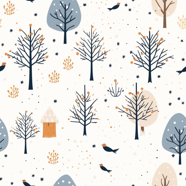 Photo there are many trees and birds in the snow with orange and blue generative ai