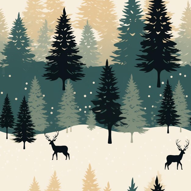 there are many trees and deers in the snow in the woods generative ai