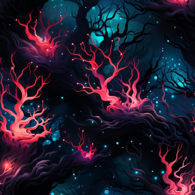 there are many trees that are glowing red in the dark generative ai