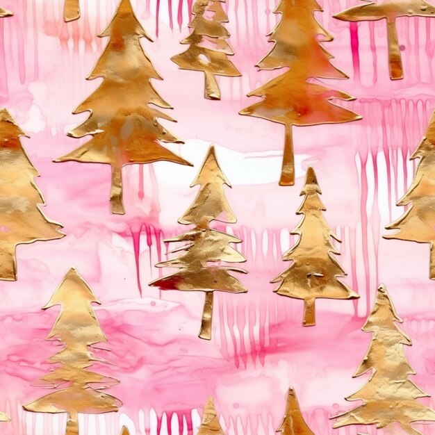 There are many trees that are painted on a pink background generative ai