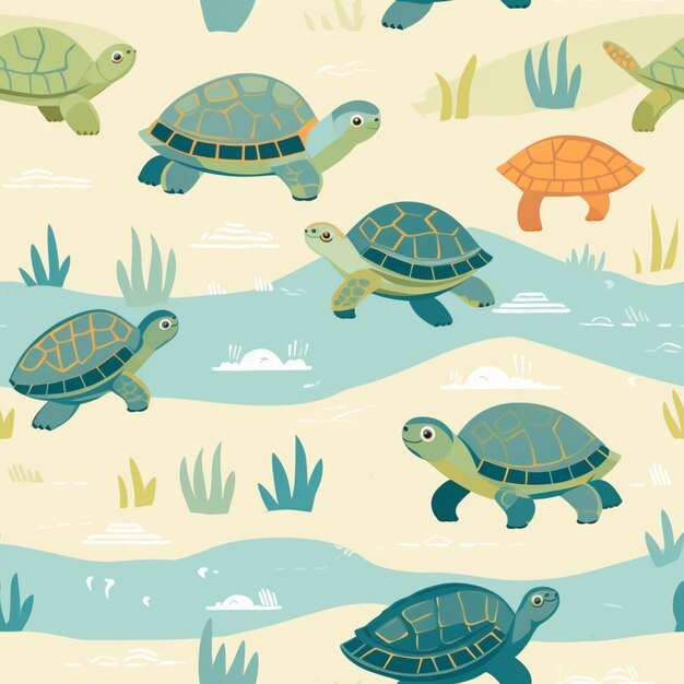 Photo there are many turtles that are walking in the water together generative ai