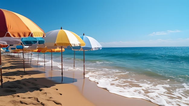 There are many umbrellas on the beach near the water generative ai