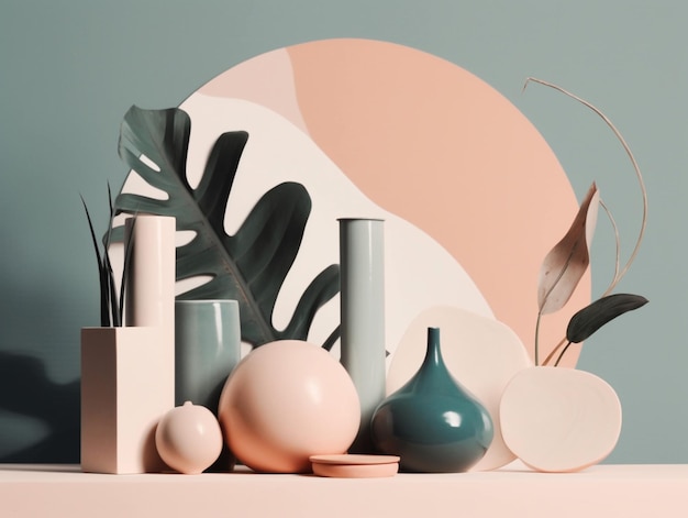 there are many vases and plants on a shelf with a circular mirror generative ai