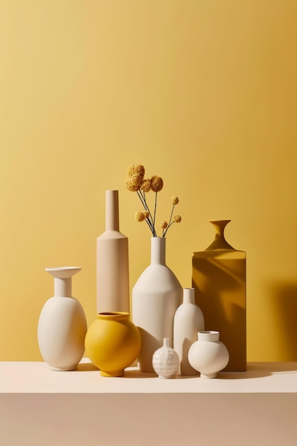 there are many vases and vases on a shelf with a yellow background generative ai