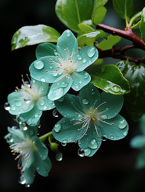 there are many water droplets on the flowers of a tree generative ai