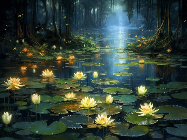 There are many water lillies floating in a pond of water generative ai