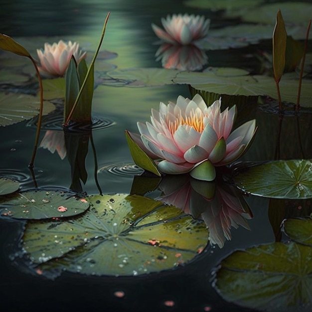 there are many water lillies floating in a pond with leaves generative ai