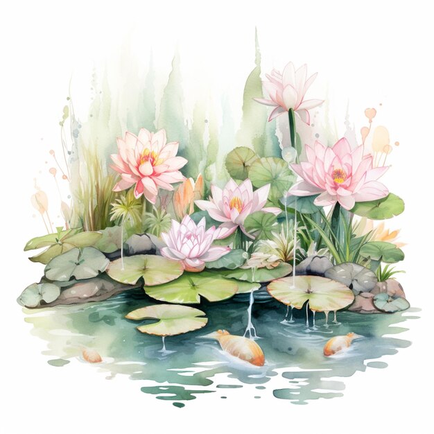 Photo there are many water lillies in the pond with rocks and water lillies generative ai