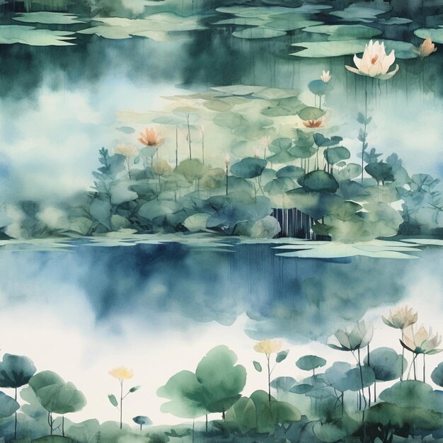 there are many water lillies in the water and one is pink generative ai