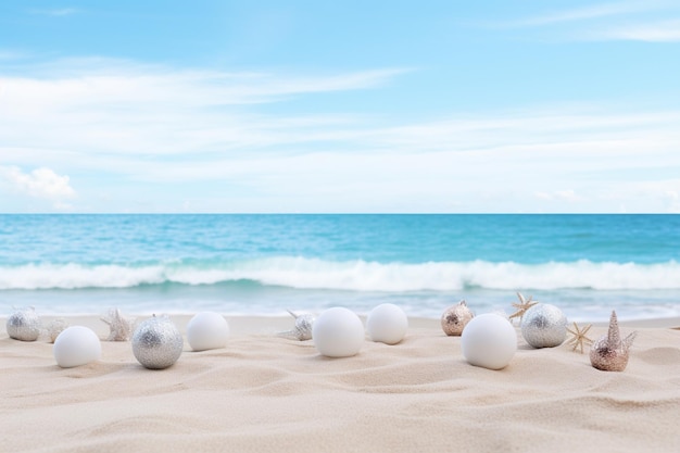 there are many white balls on the beach with shells generative ai