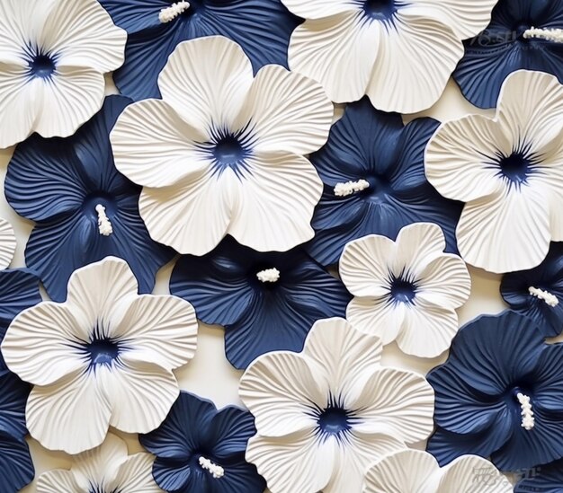 There are many white and blue flowers on a blue surface generative ai