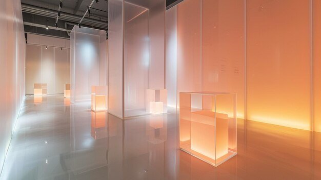 Photo there are many white cubes in a room with a light on them generative ai