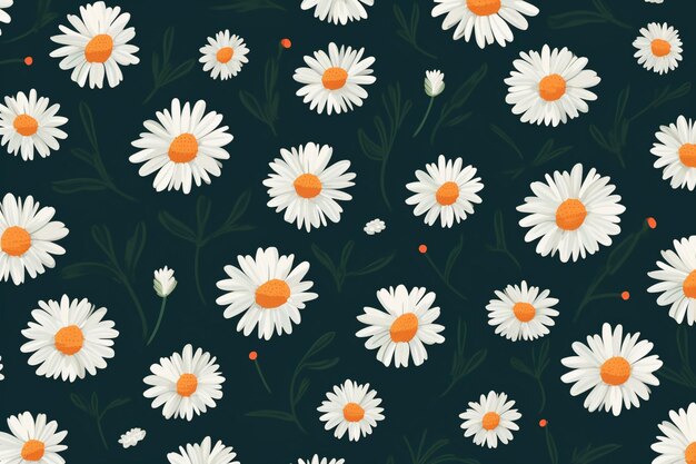 There are many white daisies with orange centers on a dark background generative ai