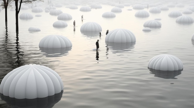 There are many white floating spheres floating in the water generative ai