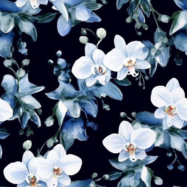 There are many white flowers on a black background generative ai