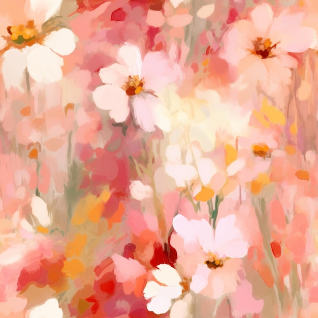 there are many white flowers in a field of pink and yellow generative ai