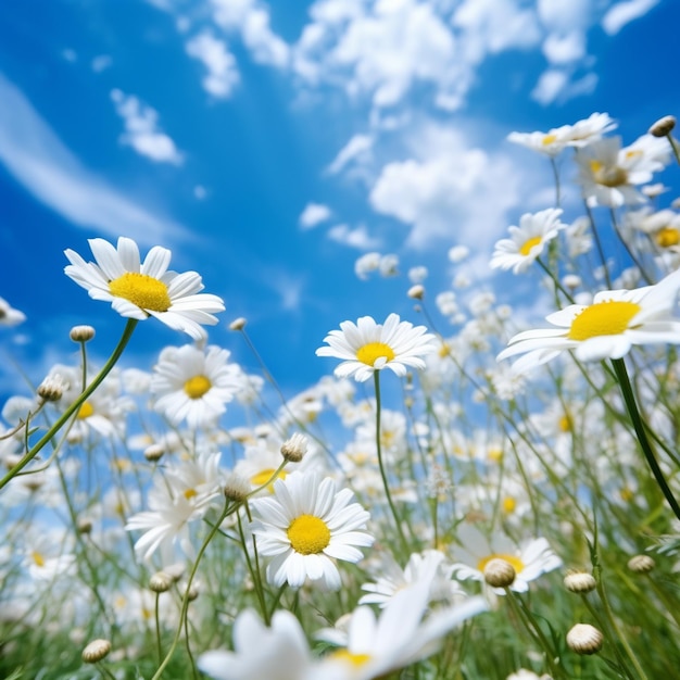 There are many white flowers in a field with a blue sky generative ai