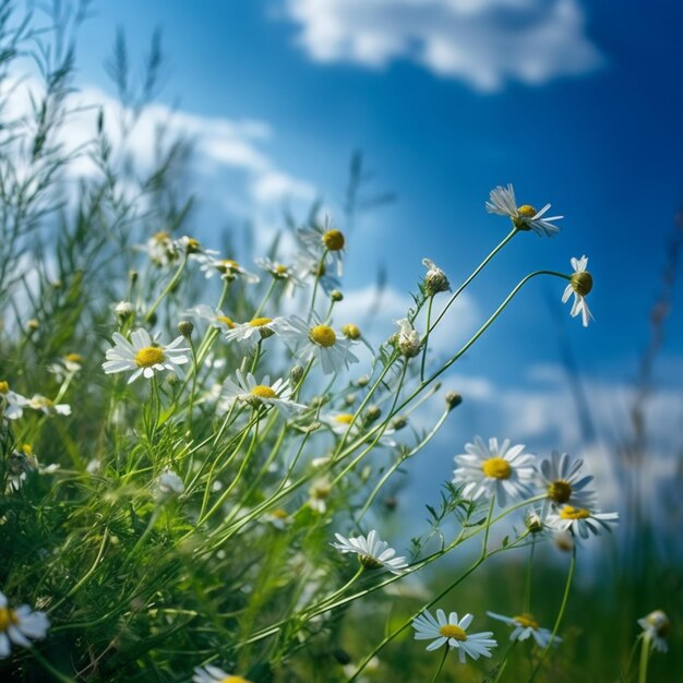 草の中には多くの白い花があり,背景には青い空があります.