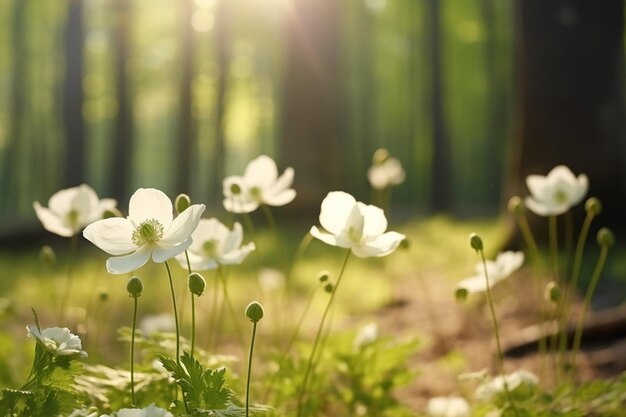 there are many white flowers in the grass in the woods generative ai