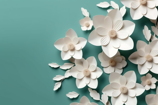 There are many white flowers on a green background generative ai