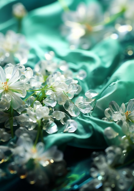 Photo there are many white flowers on a green cloth generative ai