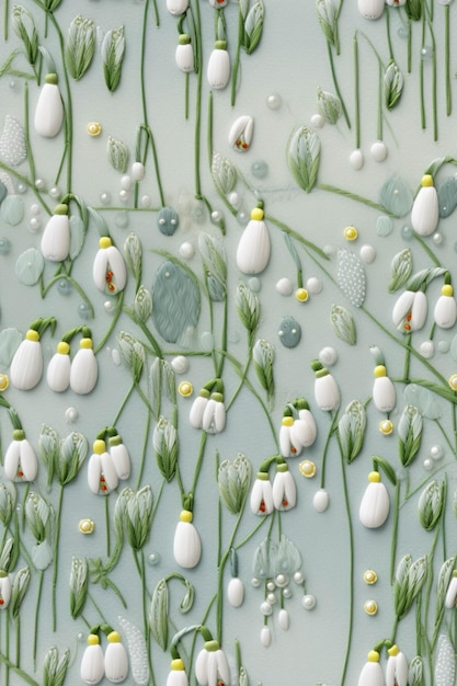 There are many white flowers and green leaves on a blue surface generative ai