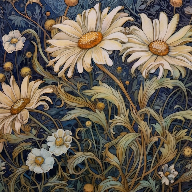 There are many white flowers in a painting on a blue background generative ai