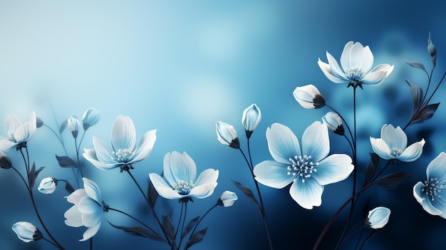 There are many white flowers that are in the blue background generative ai
