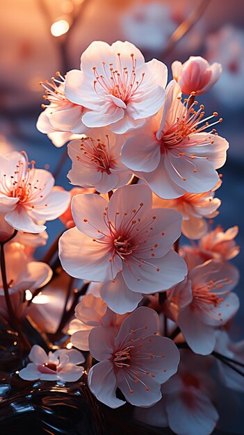 there are many white flowers that are on a branch generative ai