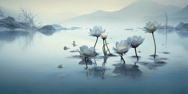 Photo there are many white flowers that are in the water generative ai