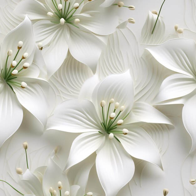 На белой поверхности много белых цветов, генерирующих искусственный интеллект.