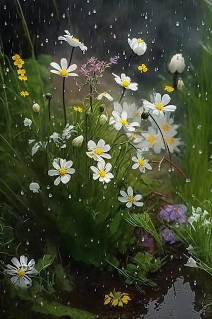 There are many white flowers that growing in the grass generative ai