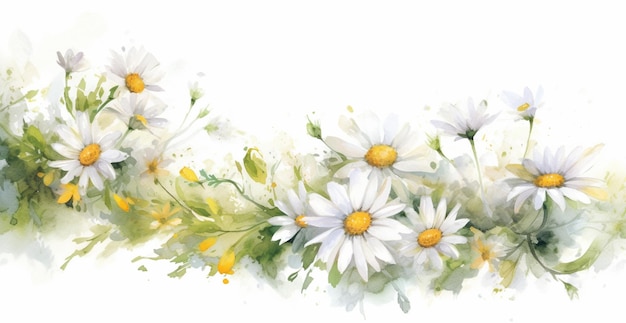 There are many white flowers on a white background with green leaves generative ai