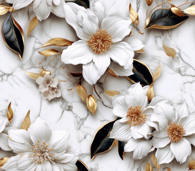 Есть много белых цветов с золотыми листьями на мраморной поверхности.