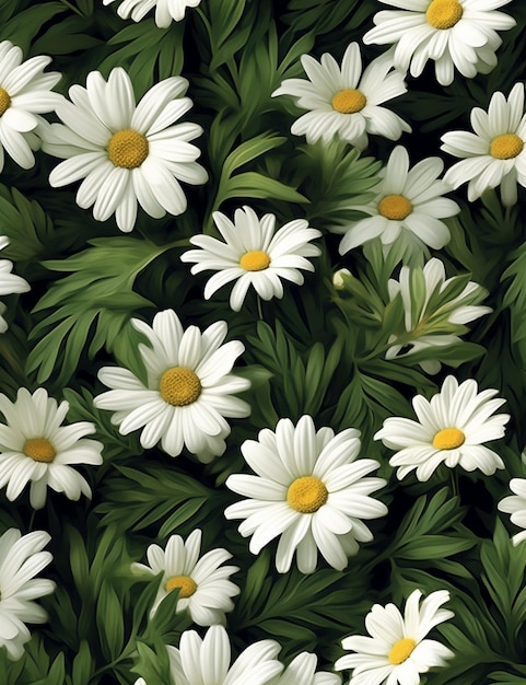 There are many white flowers with yellow centers in a field generative ai