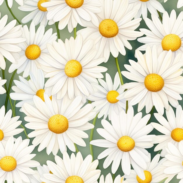 There are many white flowers with yellow centers on a green background generative ai