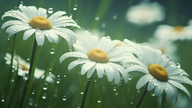 there are many white flowers with yellow centers in the rain generative ai