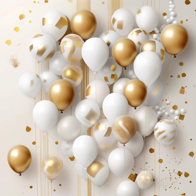 There are many white and gold balloons and confetti on a white background generative ai