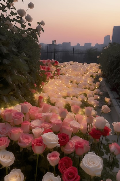 there are many white and pink roses in a field with lights generative ai