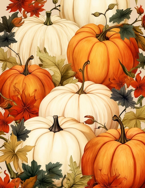 there are many white pumpkins and orange flowers on a table generative ai