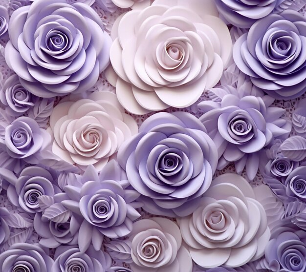 There are many white and purple roses on a white table generative ai