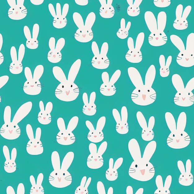 There are many white rabbits with blue eyes on a green background generative ai