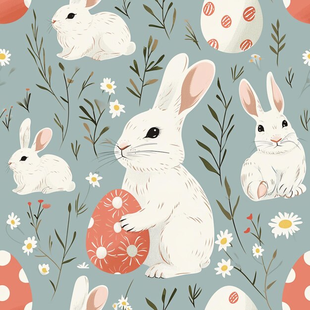 there are many white rabbits with eggs and daisies on a blue background generative ai