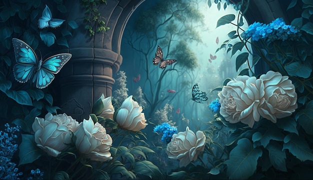 there are many white roses and blue butterflies in the garden generative ai