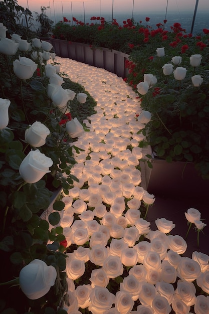 정원에는 붉은 꽃 생성 AI가 있는 흰 장미가 많이 있습니다
