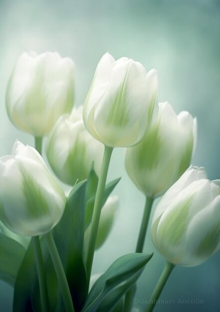 There are many white tulips in a vase on a table generative ai