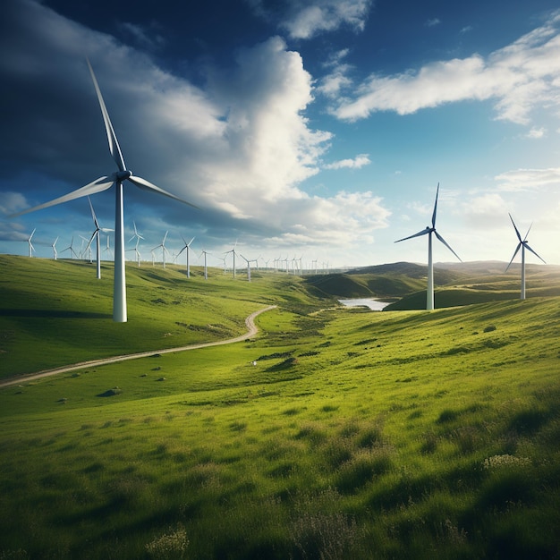there are many wind turbines on the hill in the field generative ai
