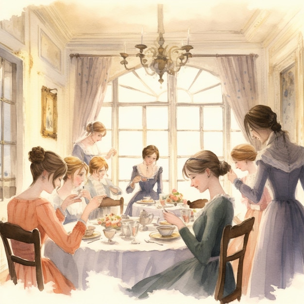 Многие женщины сидят за столом и едят вместе.