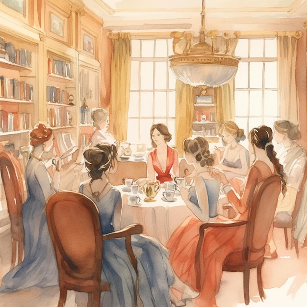 There are many women sitting at a table in a library generative ai